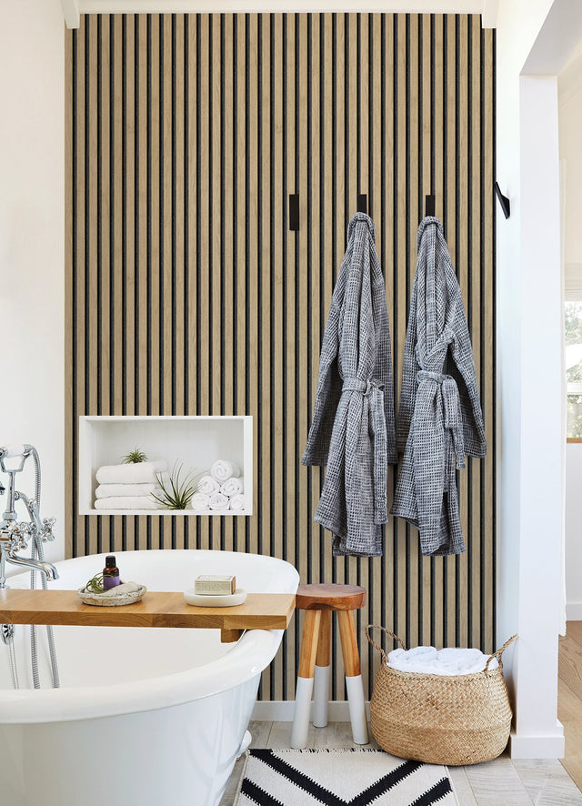 Slat Wood Oak Peel & Stick Wallpaper with Charcoal Wood Slat Motif - NuWallpaper NUS4846