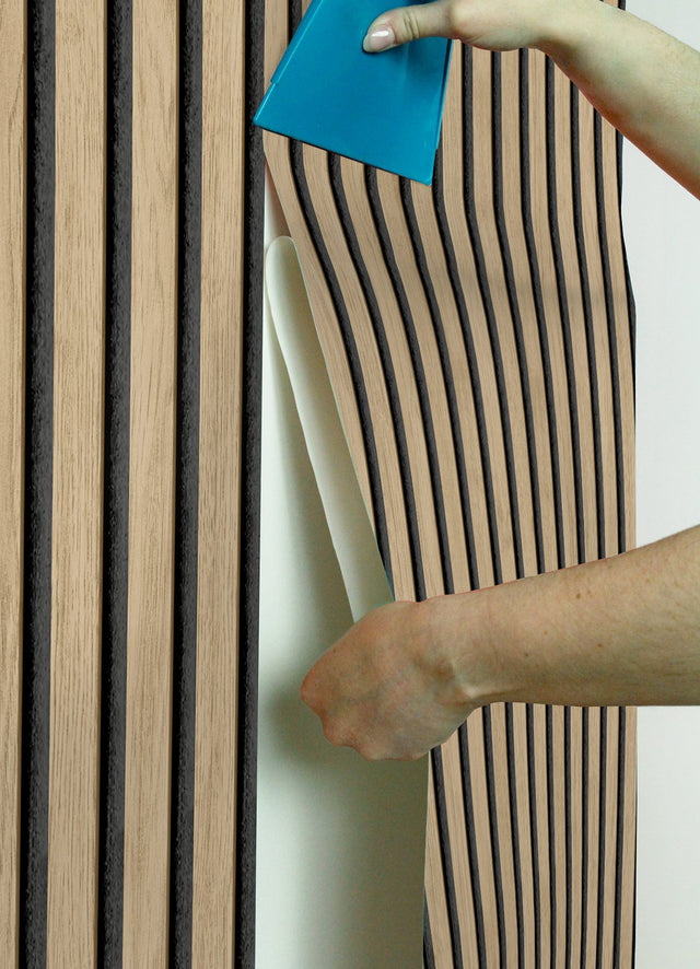 Slat Wood Oak Peel & Stick Wallpaper with Charcoal Wood Slat Motif - NuWallpaper NUS4846