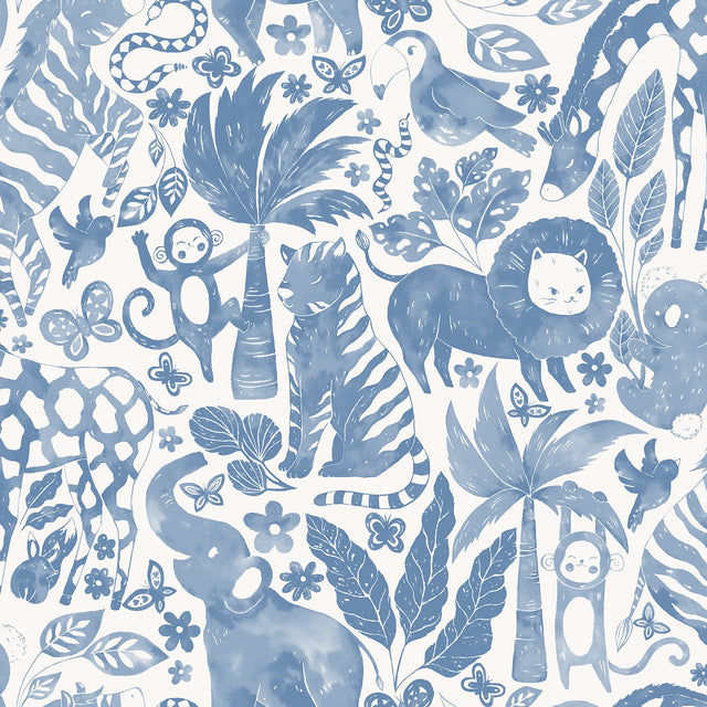 Sweet Safari Blue Peel & Stick Wallpaper with Playful Jungle Animals - NuWallpaper NUS4850