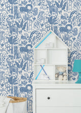 Sweet Safari Blue Peel & Stick Wallpaper with Playful Jungle Animals - NuWallpaper NUS4850