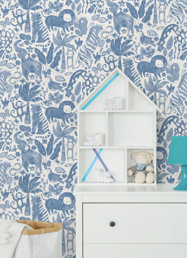 Sweet Safari Blue Peel & Stick Wallpaper with Playful Jungle Animals - NuWallpaper NUS4850