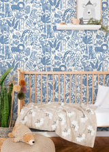 Sweet Safari Blue Peel & Stick Wallpaper with Playful Jungle Animals - NuWallpaper NUS4850