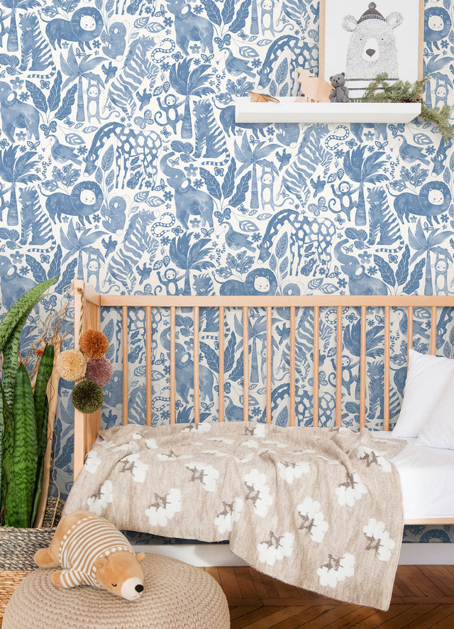 Sweet Safari Blue Peel & Stick Wallpaper with Playful Jungle Animals - NuWallpaper NUS4850