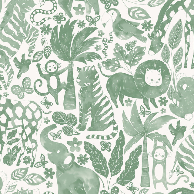 Sweet Safari Green Peel & Stick Wallpaper with Kids Jungle Animal Motif - NuWallpaper NUS4851