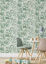 Sweet Safari Green Peel & Stick Wallpaper with Kids Jungle Animal Motif - NuWallpaper NUS4851