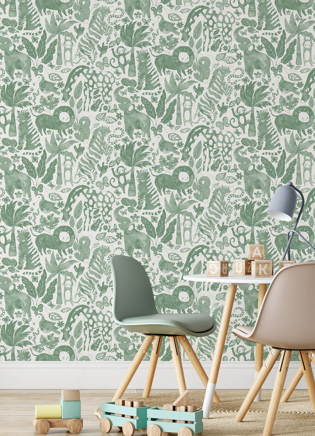 Sweet Safari Green Peel & Stick Wallpaper with Kids Jungle Animal Motif - NuWallpaper NUS4851