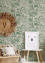 Sweet Safari Green Peel & Stick Wallpaper with Kids Jungle Animal Motif - NuWallpaper NUS4851