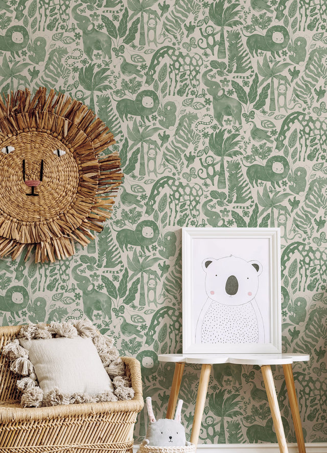Sweet Safari Green Peel & Stick Wallpaper with Kids Jungle Animal Motif - NuWallpaper NUS4851