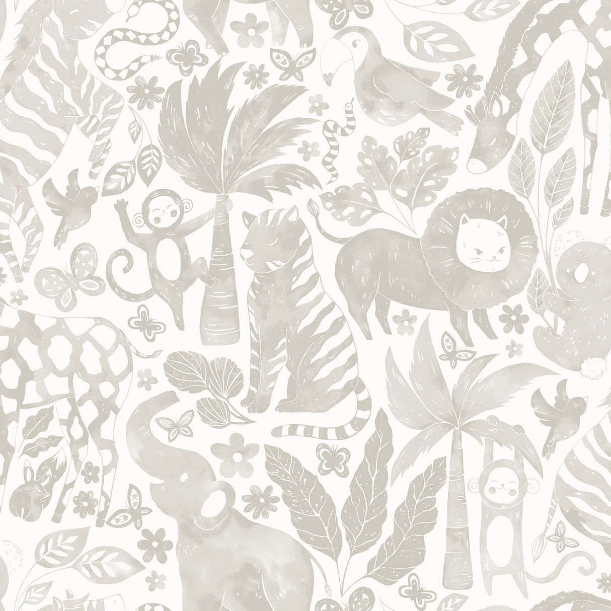 Sweet Safari Taupe Peel & Stick Wallpaper with Kids Rainforest Animals Pattern - NuWallpaper NUS4852