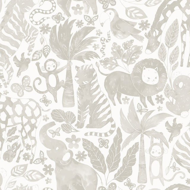 Sweet Safari Taupe Peel & Stick Wallpaper with Kids Rainforest Animals Pattern - NuWallpaper NUS4852