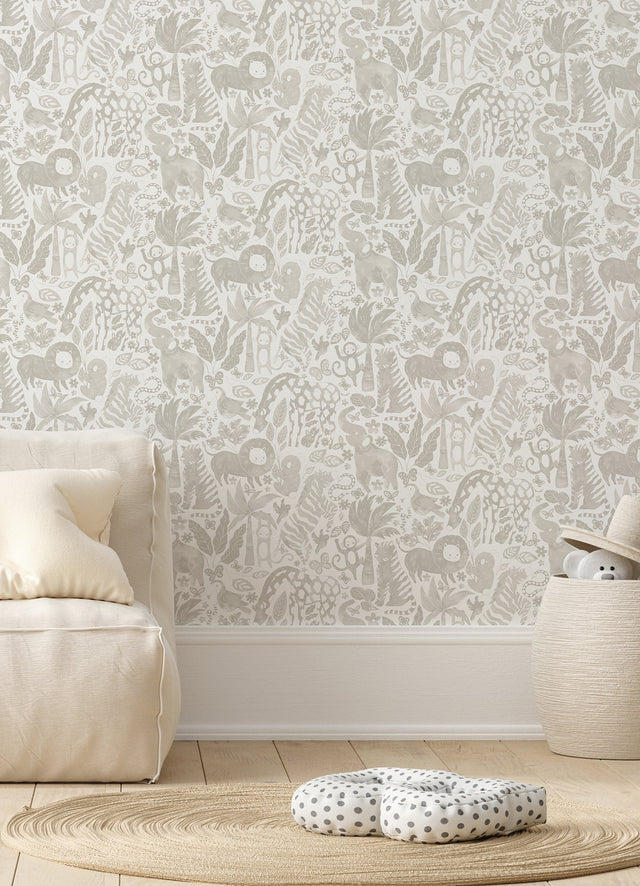 Sweet Safari Taupe Peel & Stick Wallpaper with Kids Rainforest Animals Pattern - NuWallpaper NUS4852
