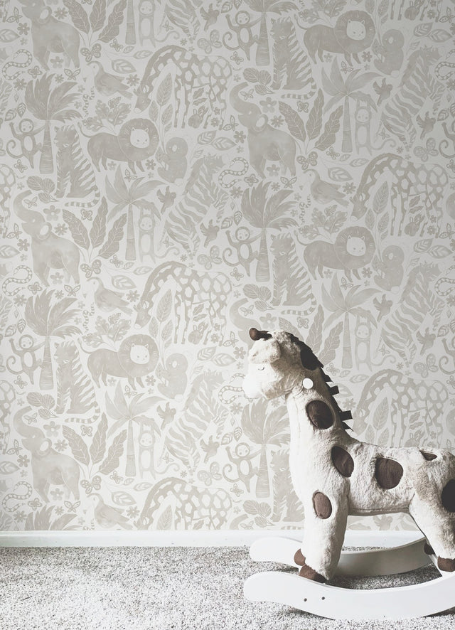 Sweet Safari Taupe Peel & Stick Wallpaper with Kids Rainforest Animals Pattern - NuWallpaper NUS4852