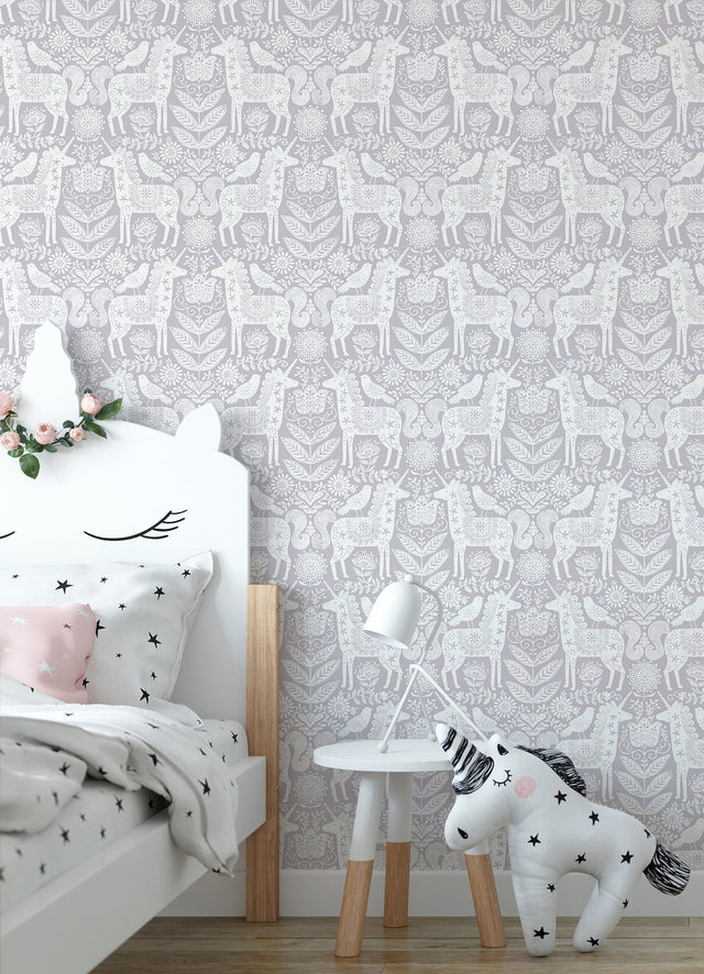 Unicorn Stamp Purple Peel & Stick Wallpaper with Lilac Novelty Kids Pattern - NuWallpaper NUS4857
