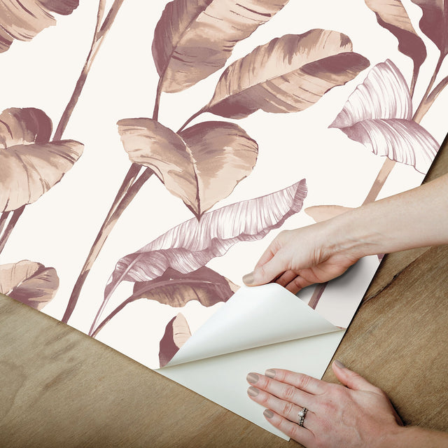 Mauve Banana Leaf Peel & Stick Wallpaper with Botanical Leaves Motif - NuWallpaper NUS4902