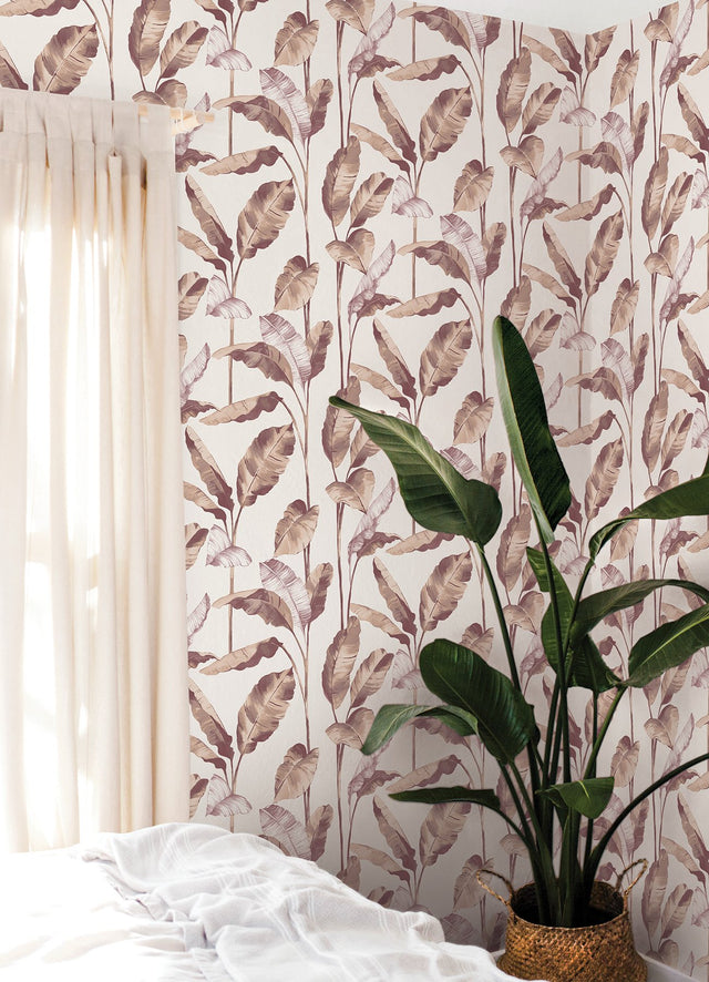Mauve Banana Leaf Peel & Stick Wallpaper with Botanical Leaves Motif - NuWallpaper NUS4902