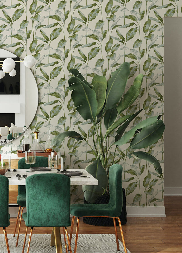 Banana Leaf Green Peel & Stick Wallpaper with Botanical Leaves Pattern, Transitional Style - NuWallpaper NUS4903