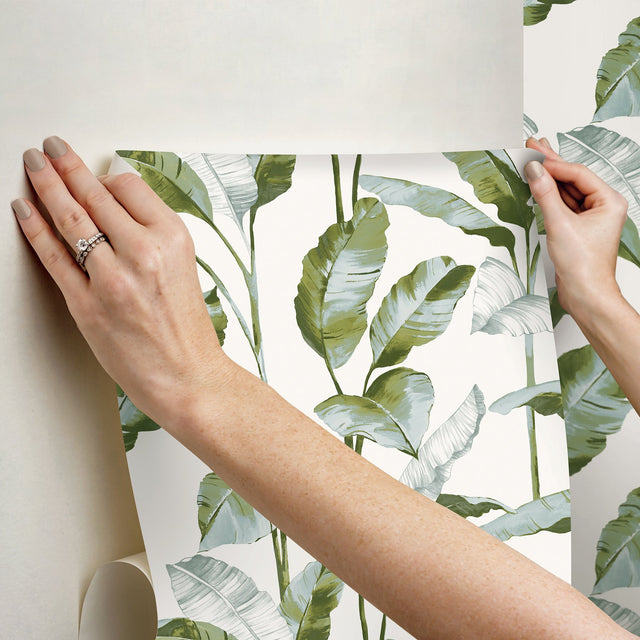 Banana Leaf Green Peel & Stick Wallpaper with Botanical Leaves Pattern, Transitional Style - NuWallpaper NUS4903
