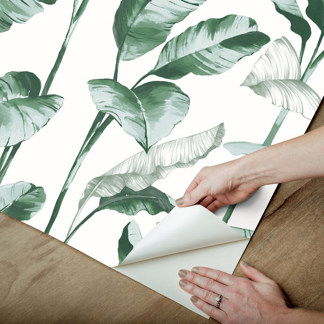 Banana Leaf Teal Peel & Stick Wallpaper with Botanical Leaves Motif - NuWallpaper NUS4904