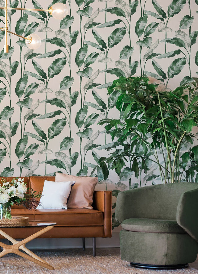 Banana Leaf Teal Peel & Stick Wallpaper with Botanical Leaves Motif - NuWallpaper NUS4904