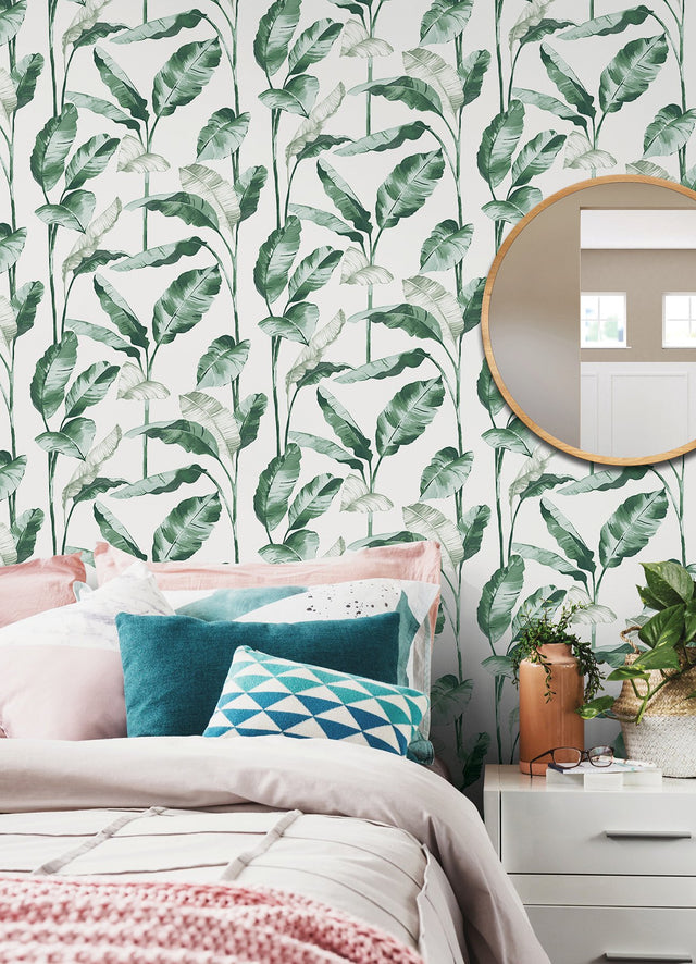 Banana Leaf Teal Peel & Stick Wallpaper with Botanical Leaves Motif - NuWallpaper NUS4904