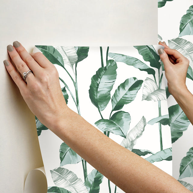 Banana Leaf Teal Peel & Stick Wallpaper with Botanical Leaves Motif - NuWallpaper NUS4904