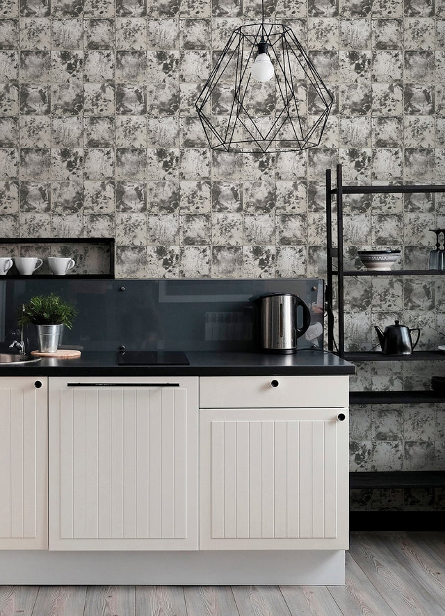 Metal Sheet Charcoal Peel & Stick Wallpaper with Industrial Metallic Tile Motif - NuWallpaper NUS4905