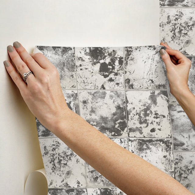 Metal Sheet Charcoal Peel & Stick Wallpaper with Industrial Metallic Tile Motif - NuWallpaper NUS4905