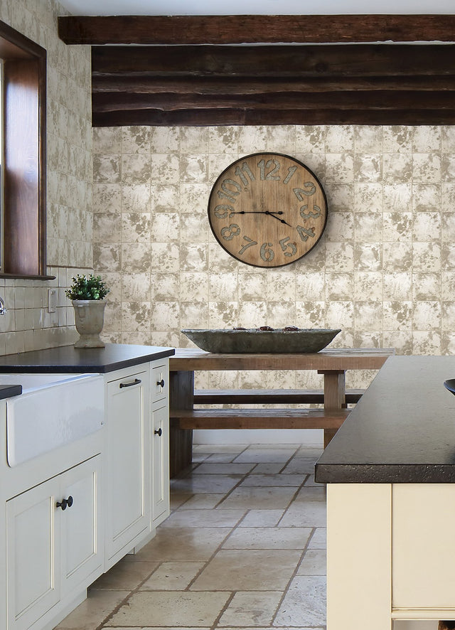 Metal Sheet Silver Peel & Stick Wallpaper with Distressed Tin-Tile Industrial Pattern - NuWallpaper NUS4906