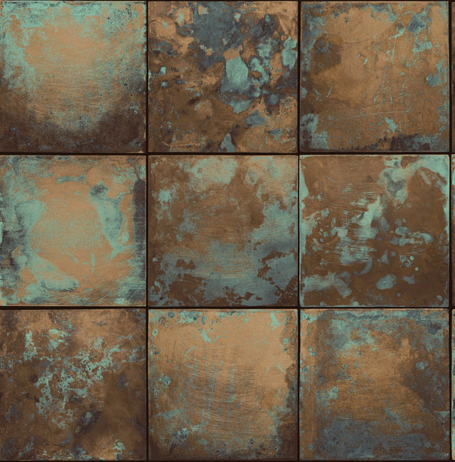 Metal Sheet Copper Peel & Stick Wallpaper with Aged Patina Tile Graphics - NuWallpaper NUS4907