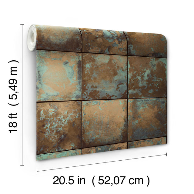 Metal Sheet Copper Peel & Stick Wallpaper with Aged Patina Tile Graphics - NuWallpaper NUS4907
