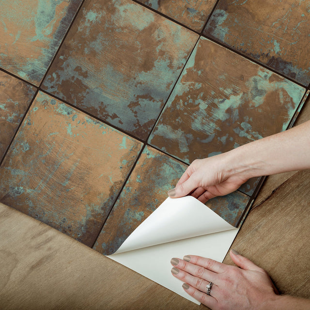 Metal Sheet Copper Peel & Stick Wallpaper with Aged Patina Tile Graphics - NuWallpaper NUS4907
