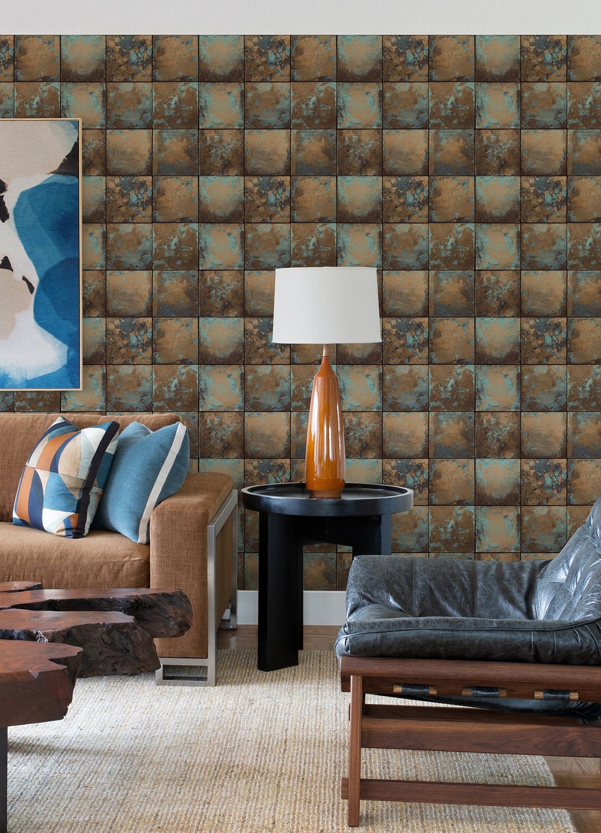 Metal Sheet Copper Peel & Stick Wallpaper with Aged Patina Tile Graphics - NuWallpaper NUS4907