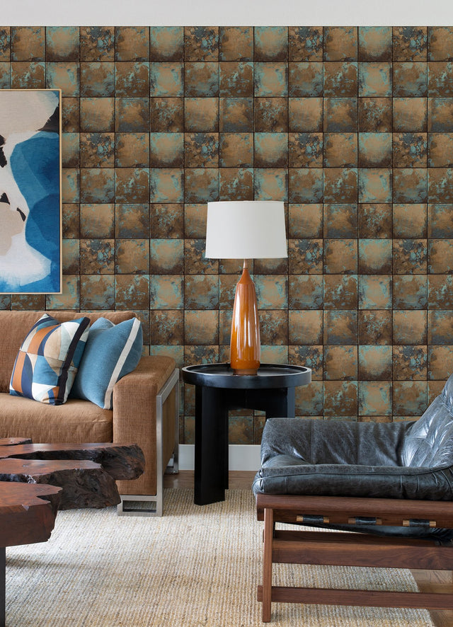 Metal Sheet Copper Peel & Stick Wallpaper with Aged Patina Tile Graphics - NuWallpaper NUS4907