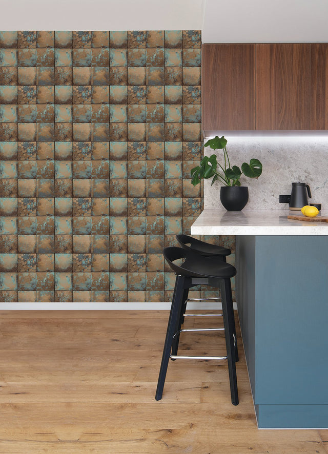 Metal Sheet Copper Peel & Stick Wallpaper with Aged Patina Tile Graphics - NuWallpaper NUS4907