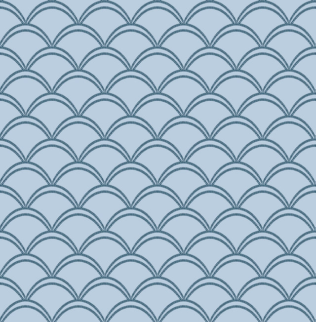 Deco Wave Blue Peel & Stick Wallpaper with Art Deco Scallop Geometric Pattern, Retro Style - NuWallpaper NUS4908