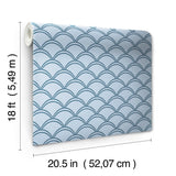 Deco Wave Blue Peel & Stick Wallpaper with Art Deco Scallop Geometric Pattern, Retro Style - NuWallpaper NUS4908