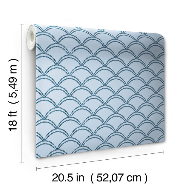 Deco Wave Blue Peel & Stick Wallpaper with Art Deco Scallop Geometric Pattern, Retro Style - NuWallpaper NUS4908