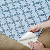 Deco Wave Blue Peel & Stick Wallpaper with Art Deco Scallop Geometric Pattern, Retro Style - NuWallpaper NUS4908