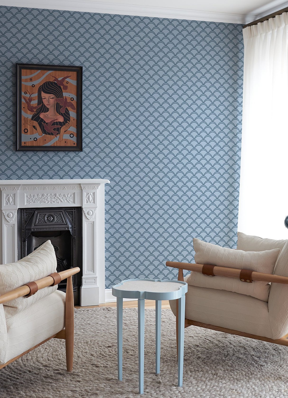 Deco Wave Blue Peel & Stick Wallpaper with Art Deco Scallop Geometric Pattern, Retro Style - NuWallpaper NUS4908