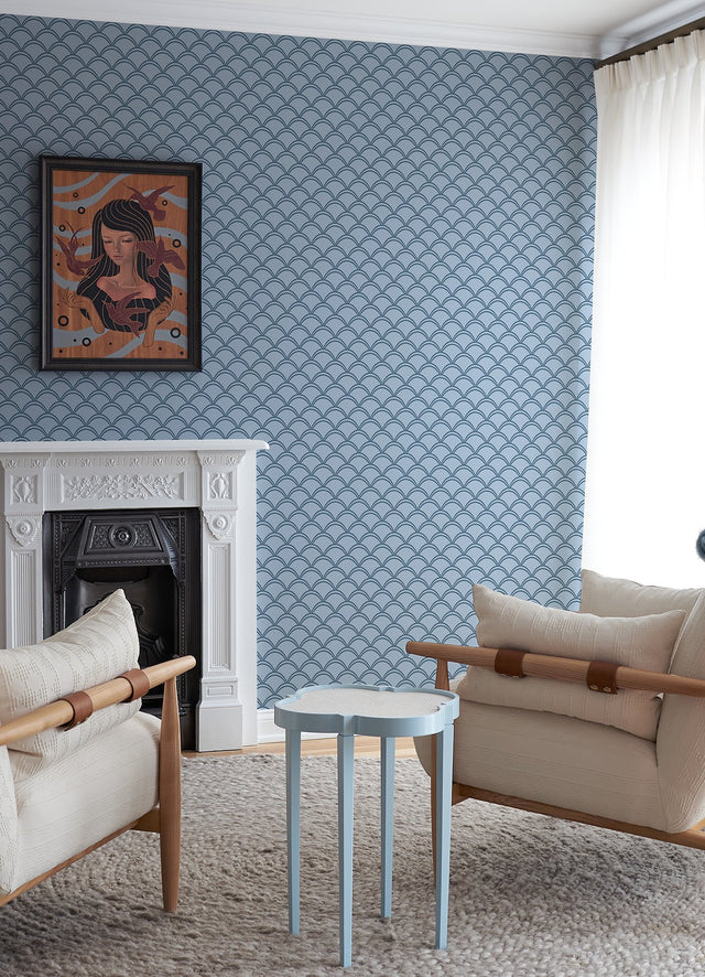 Deco Wave Blue Peel & Stick Wallpaper with Art Deco Scallop Geometric Pattern, Retro Style - NuWallpaper NUS4908