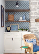 Deco Wave Blue Peel & Stick Wallpaper with Art Deco Scallop Geometric Pattern, Retro Style - NuWallpaper NUS4908