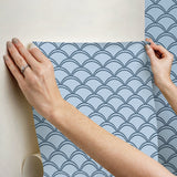 Deco Wave Blue Peel & Stick Wallpaper with Art Deco Scallop Geometric Pattern, Retro Style - NuWallpaper NUS4908