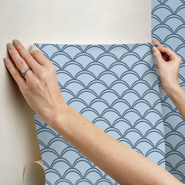 Deco Wave Blue Peel & Stick Wallpaper with Art Deco Scallop Geometric Pattern, Retro Style - NuWallpaper NUS4908