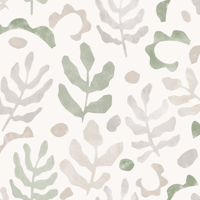 Mira Neutral Green Peel & Stick Wallpaper with Botanical Leaves Motif - NuWallpaper NUS4937