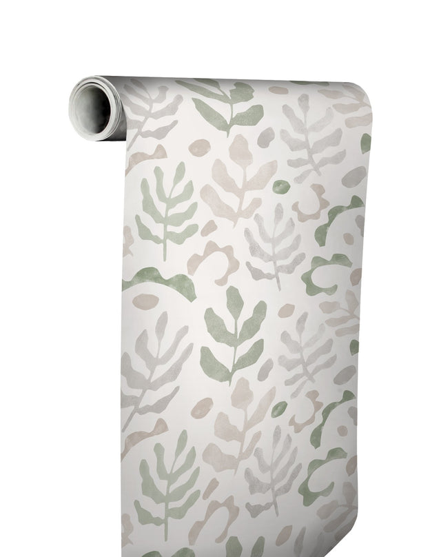 Mira Neutral Green Peel & Stick Wallpaper with Botanical Leaves Motif - NuWallpaper NUS4937