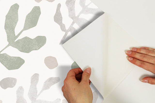 Mira Neutral Green Peel & Stick Wallpaper with Botanical Leaves Motif - NuWallpaper NUS4937