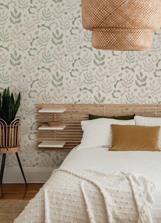Mira Neutral Green Peel & Stick Wallpaper with Botanical Leaves Motif - NuWallpaper NUS4937