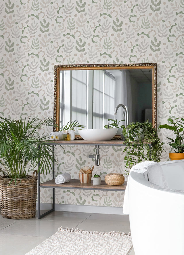 Mira Neutral Green Peel & Stick Wallpaper with Botanical Leaves Motif - NuWallpaper NUS4937