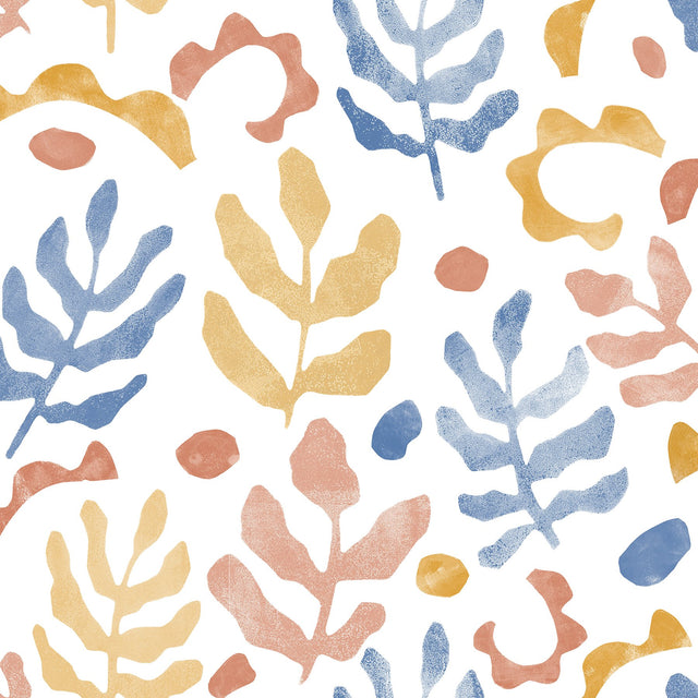 Mira Blue & Orange Peel & Stick Wallpaper with Bohemian Botanical Leaves Pattern - NuWallpaper NUS4938