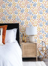 Mira Blue & Orange Peel & Stick Wallpaper with Bohemian Botanical Leaves Pattern - NuWallpaper NUS4938